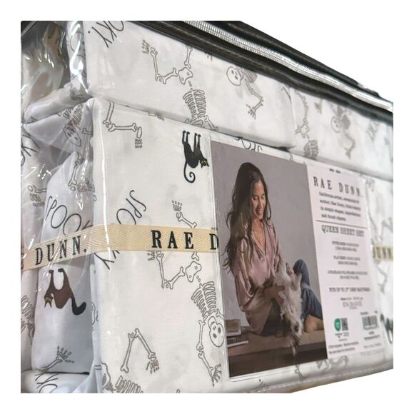 Rae Dunn Queen Sheet Set SPOOKY Skeleton Black Cat Halloween Goth Witch NEW 2024 - Picture 3 of 7